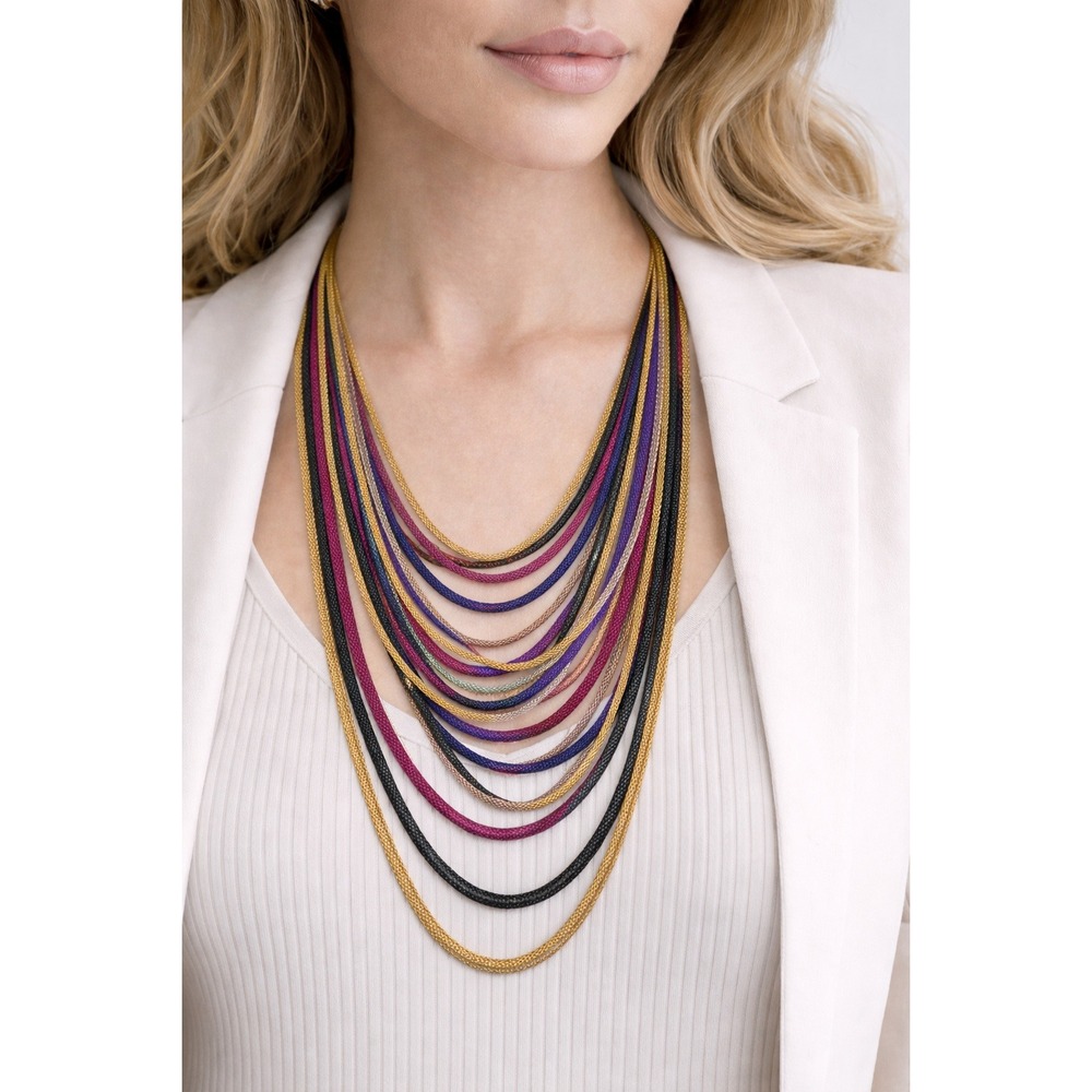 Multi-Strand Mesh Chain Necklace Gold Black Purple‎ Long Layered Statement